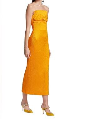 Strapless Twist-Front Midi Dress in Bright Orange